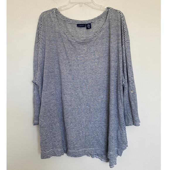 Adrienne Vittadini Blouse Womens 3X 100% Linen Minimalist Timeless Classy Stripe - Picture 2 of 8